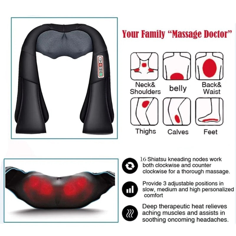 Electric Neck & Shoulder Massage Shawl Heated 8-Heads Back Pounding Massager